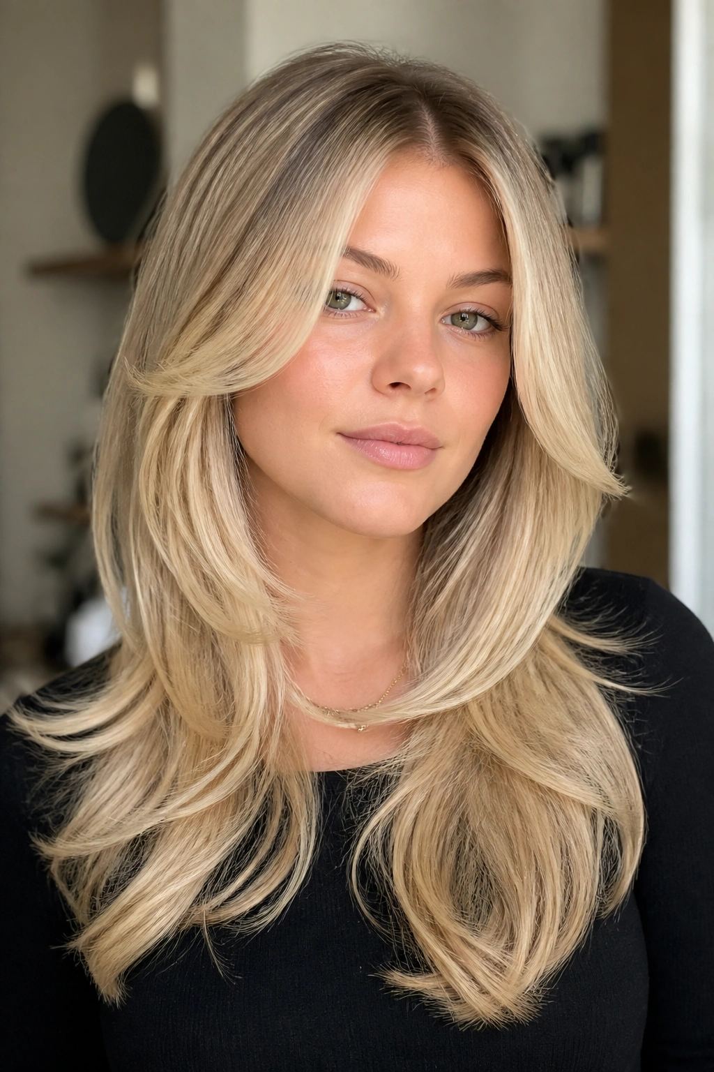 Close-up of a real woman with a butterfly cut on long blonde hair in natural window light