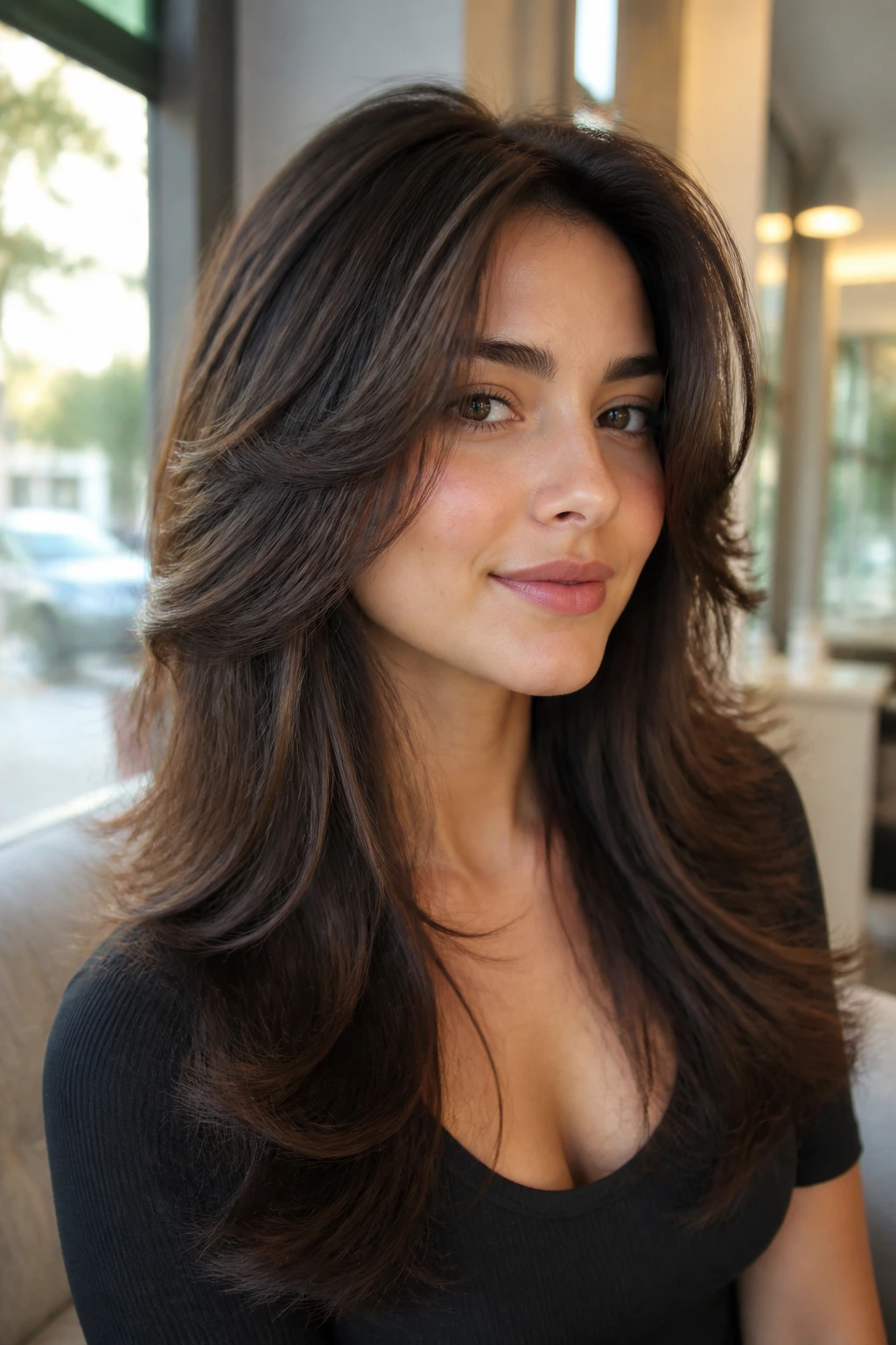 Close-up of a real woman with butterfly cut and blowout ends