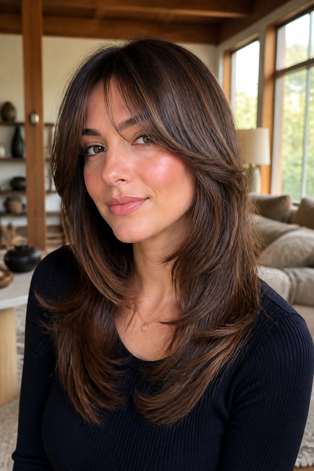 Real woman with butterfly cut and bottleneck bangs framed by natural daylight