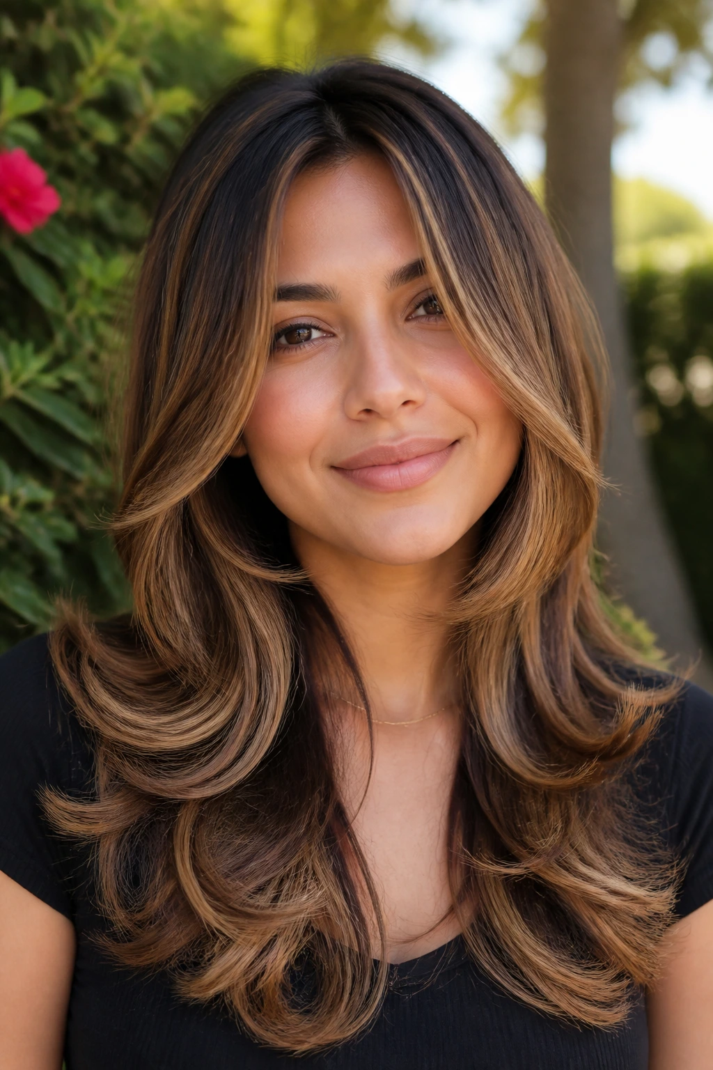 Close-up of a real woman with butterfly cut and floating caramel layers