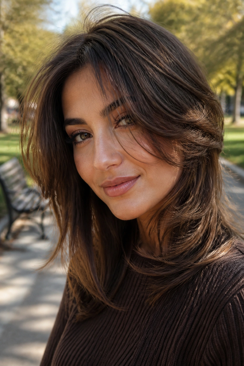 Close-up of butterfly cut with cheekbone sweep in chestnut brown hair