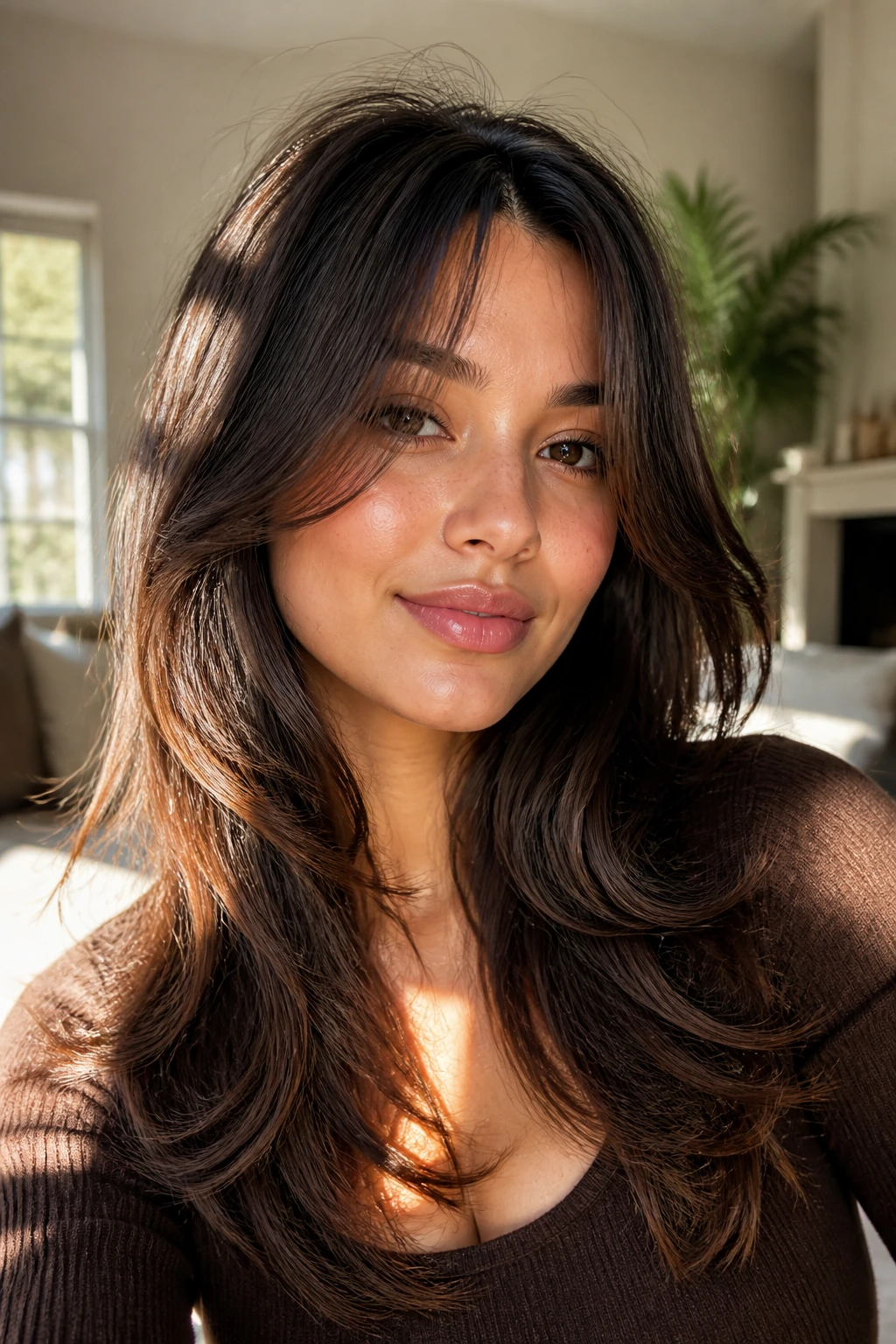 Portrait of a real woman with butterfly cut featuring cheekbone layers for lift.