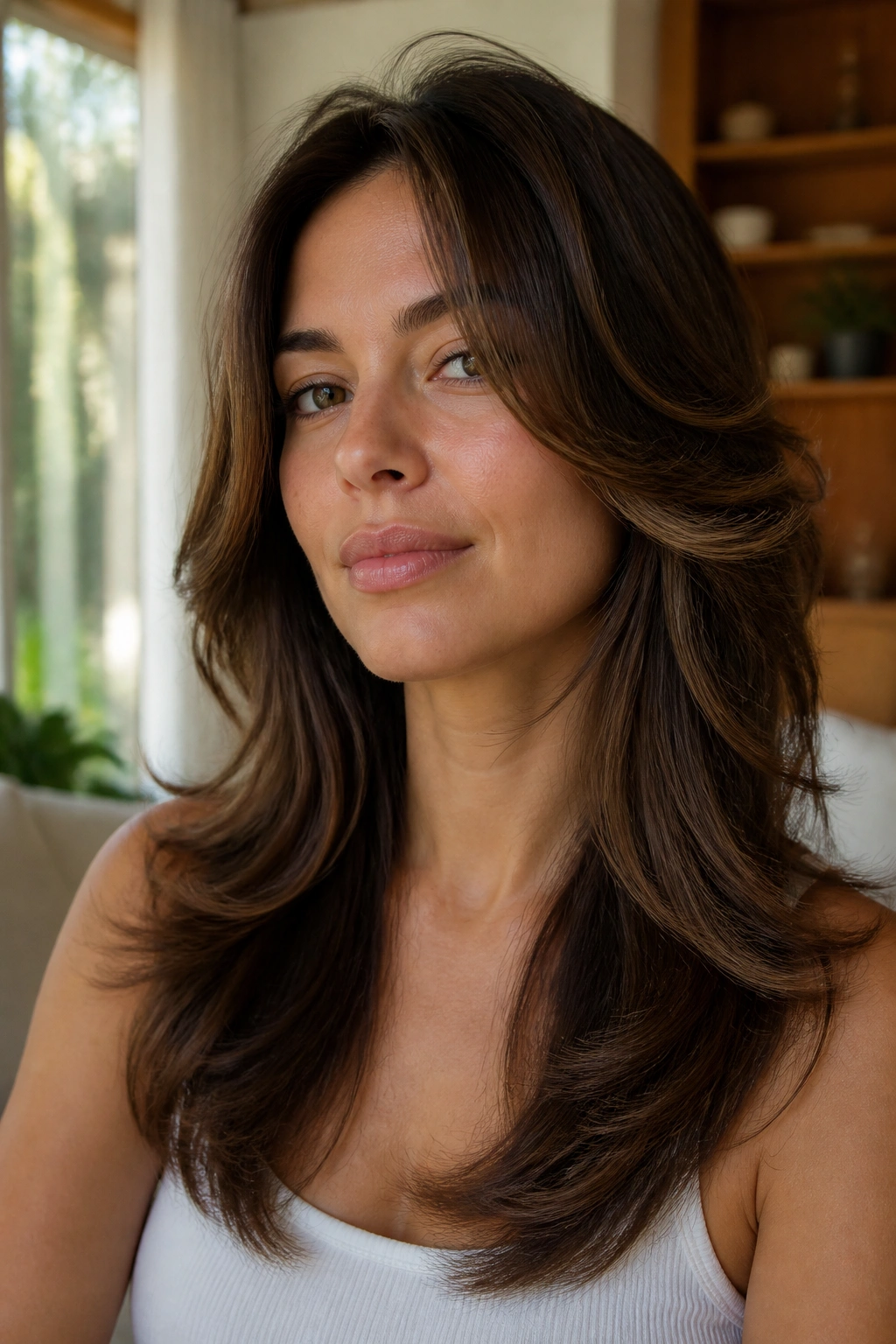 Close-up portrait of a real woman with butterfly cut cheekbone layers in warm window-light living room.