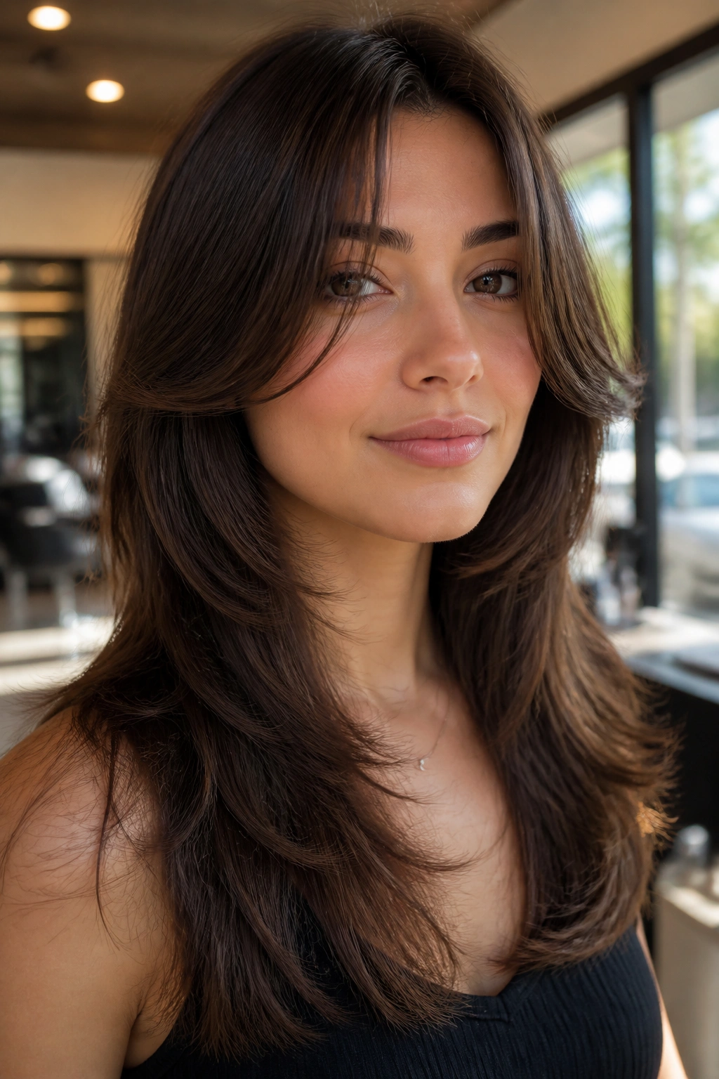 Close-up of a real woman with a butterfly cut featuring cheekbone-length layers in a warm salon