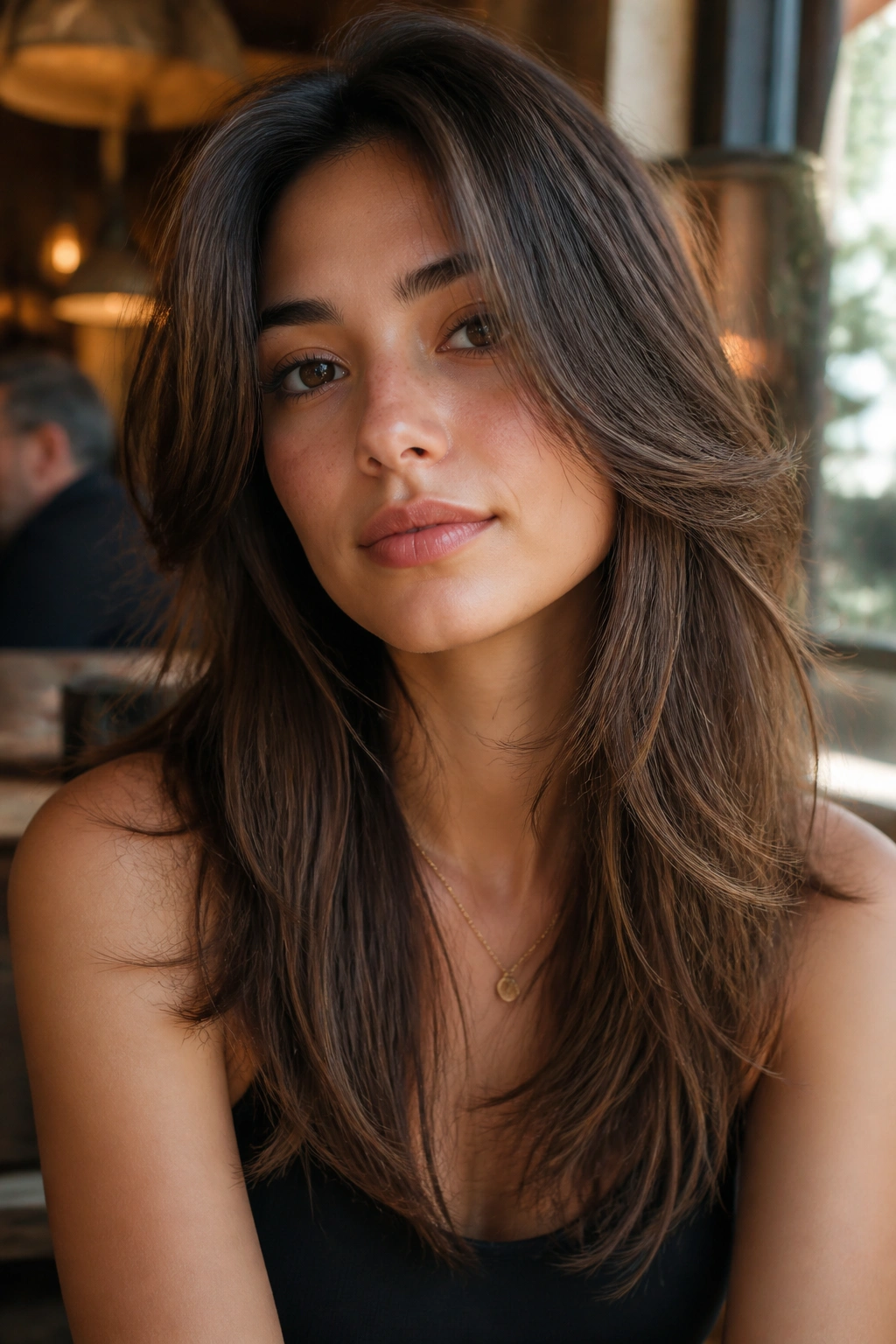 Real woman sporting a butterfly cut with choppy ends in a cafe light