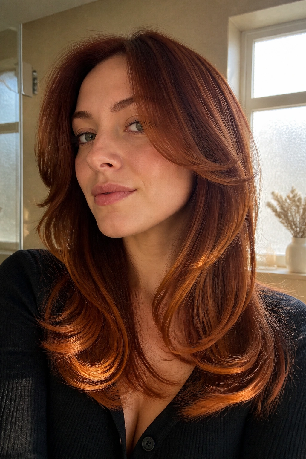 Close-up of a real person with butterfly cut and copper ends framing the face