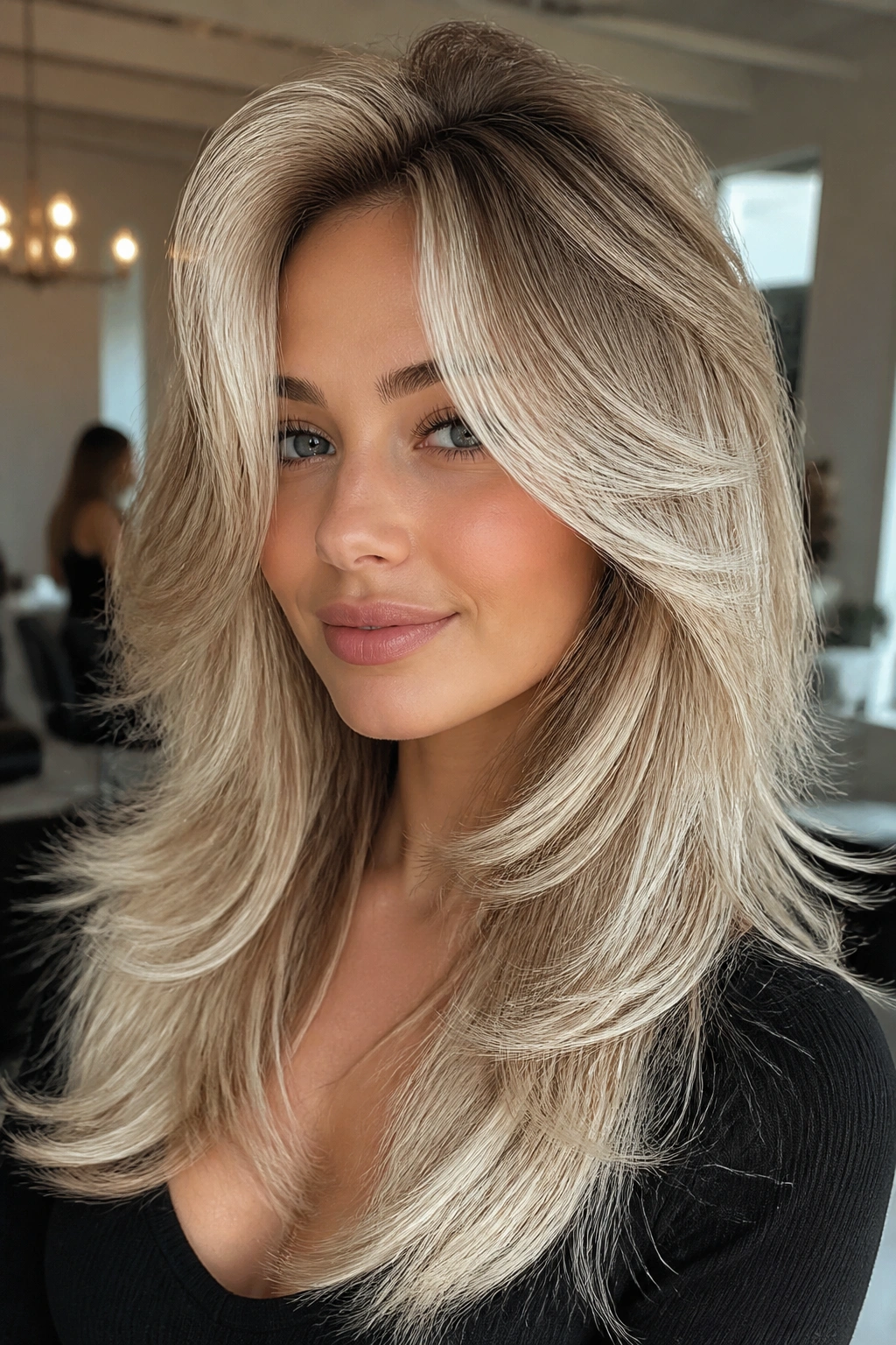 Real person with butterfly cut showing crown lift and layered platinum ombre