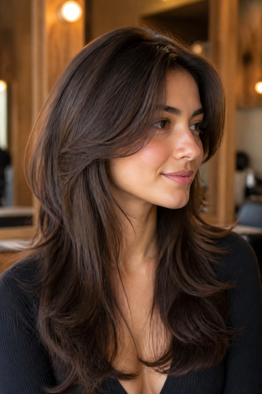 Portrait of a woman with a butterfly cut and crown lift.
