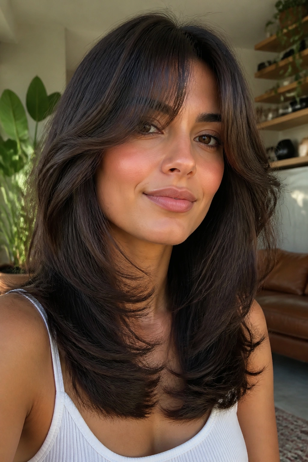 Close-up of a real woman with butterfly cut and curtain bangs in a stylish living room