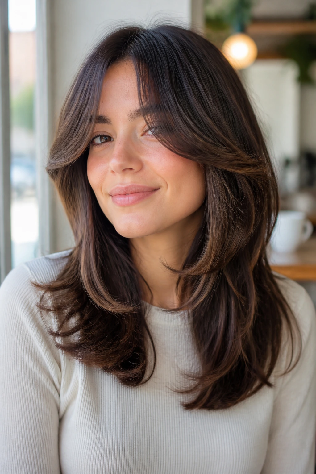 Close-up portrait of a person with butterfly cut and curtain bangs in a bright cafe