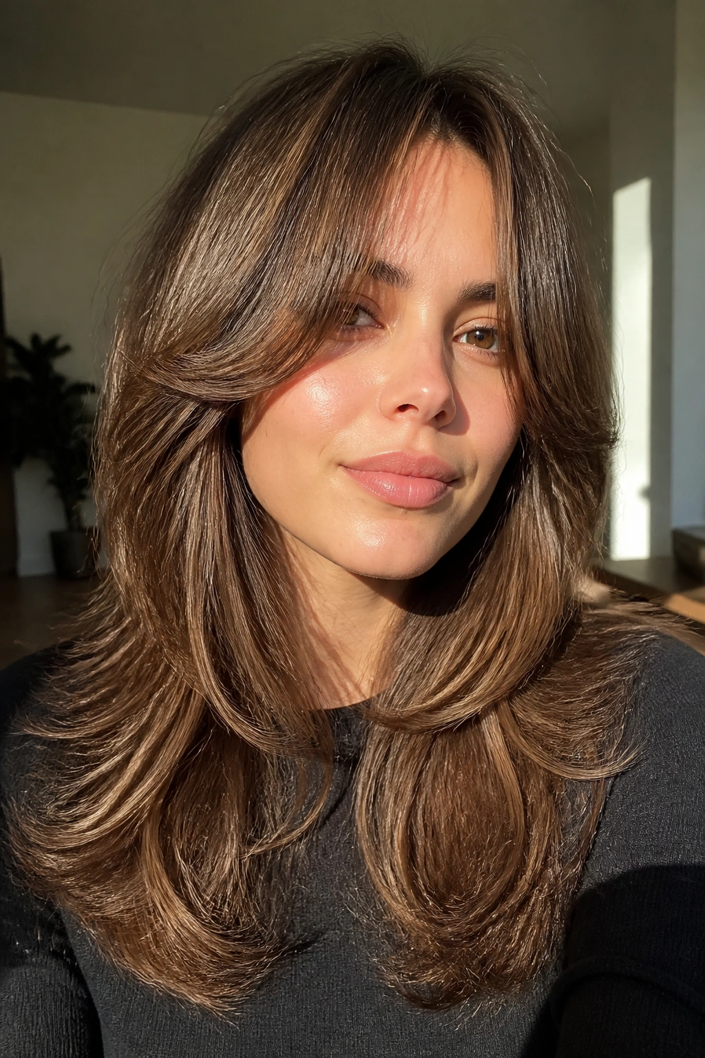 Real woman with butterfly cut and long curtain bangs in a sunlit room