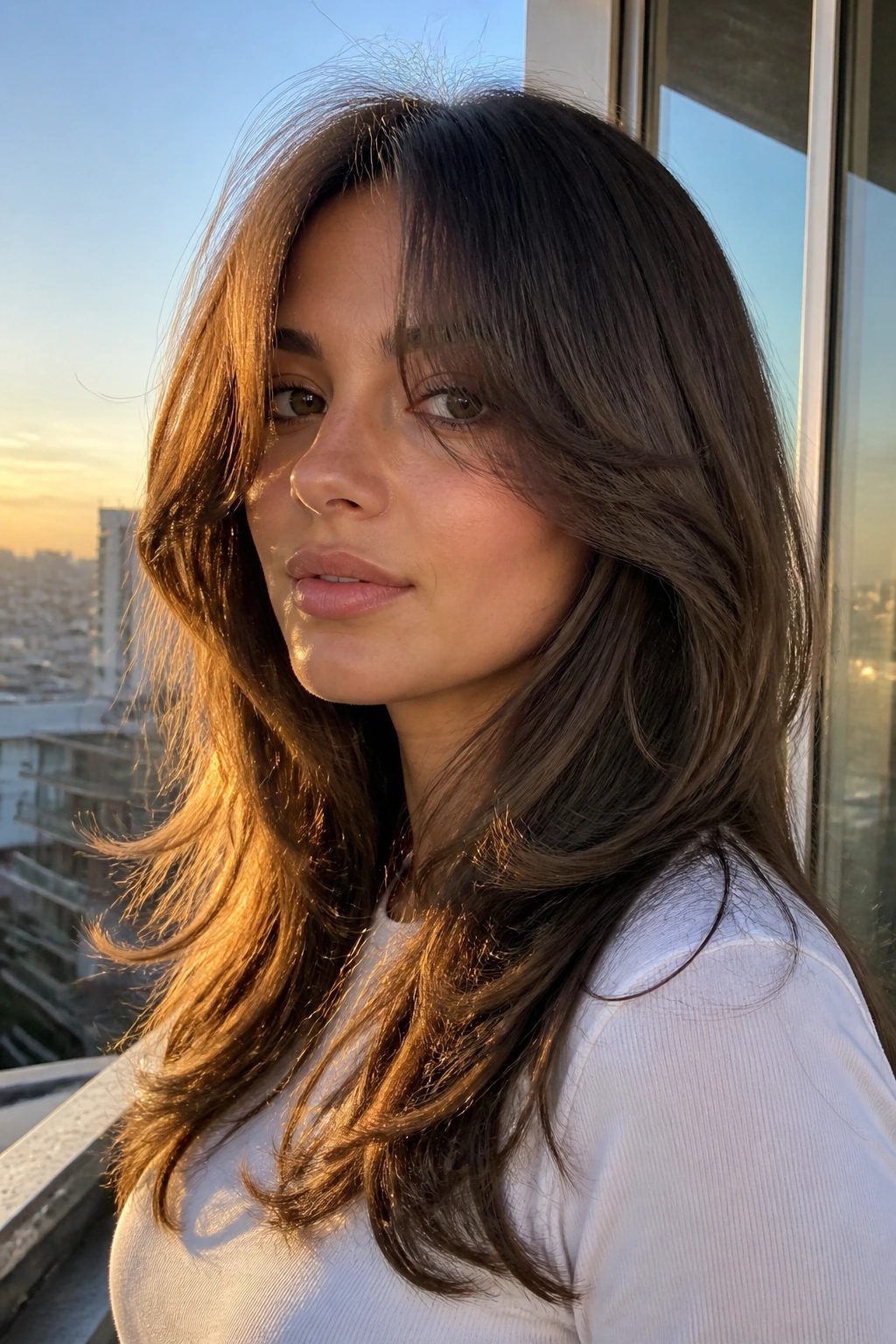 Close-up of real woman with butterfly cut and curtain fringe on a sunlit balcony