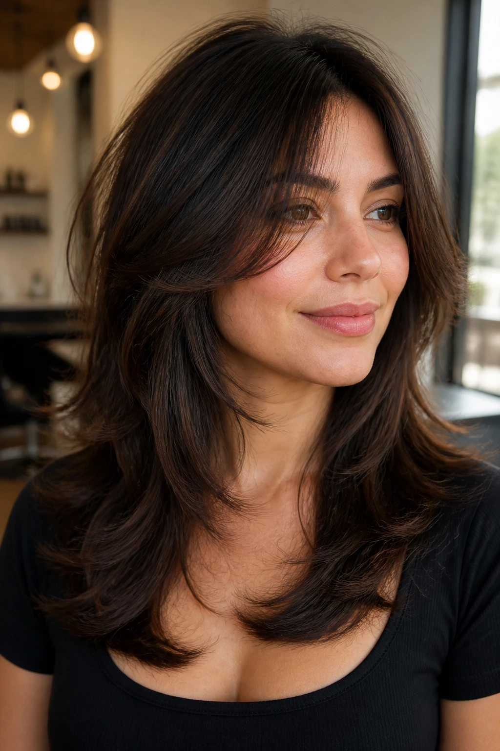 Close-up of a real woman with a butterfly cut and high face-framing layers
