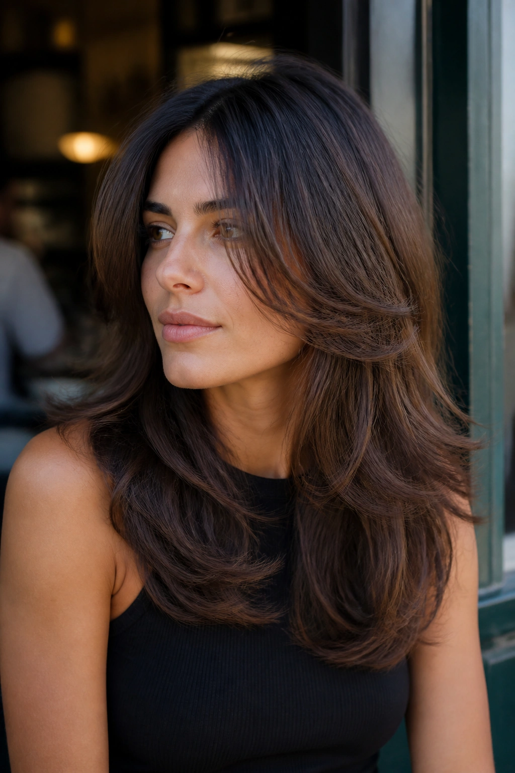 Close-up portrait of a real person showing butterfly cut with airy face-framing layers
