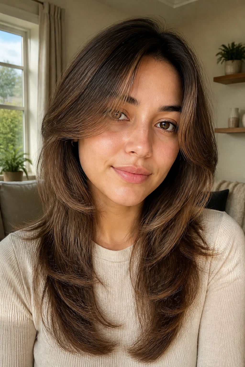 Close-up of real woman with butterfly cut and light face-framing layers in natural window light
