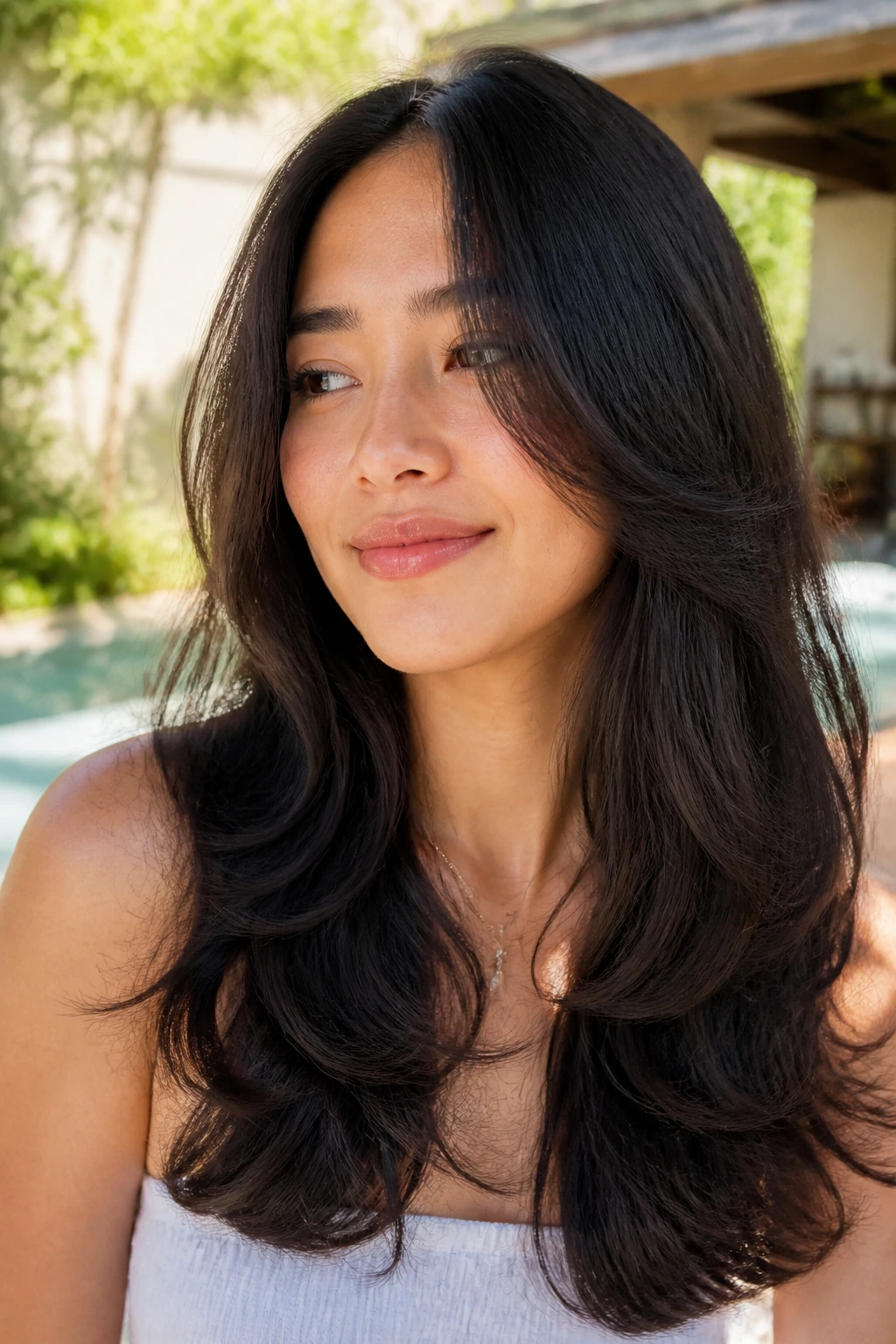 Close-up of a real person with a butterfly cut showing shorter face-framing layers around the cheeks.