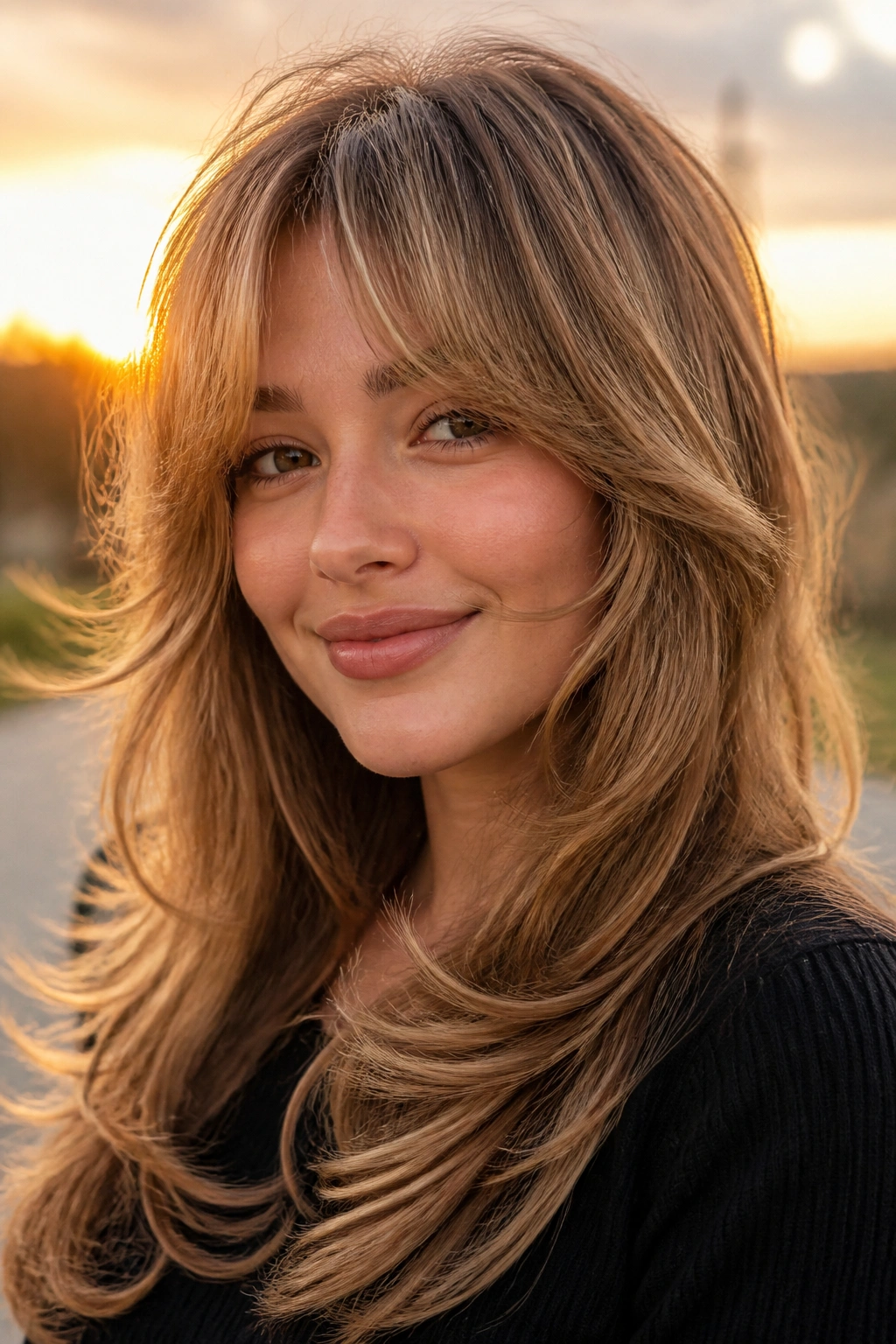 Real person with butterfly-cut feathered bangs and face-framing layers in golden hour light.