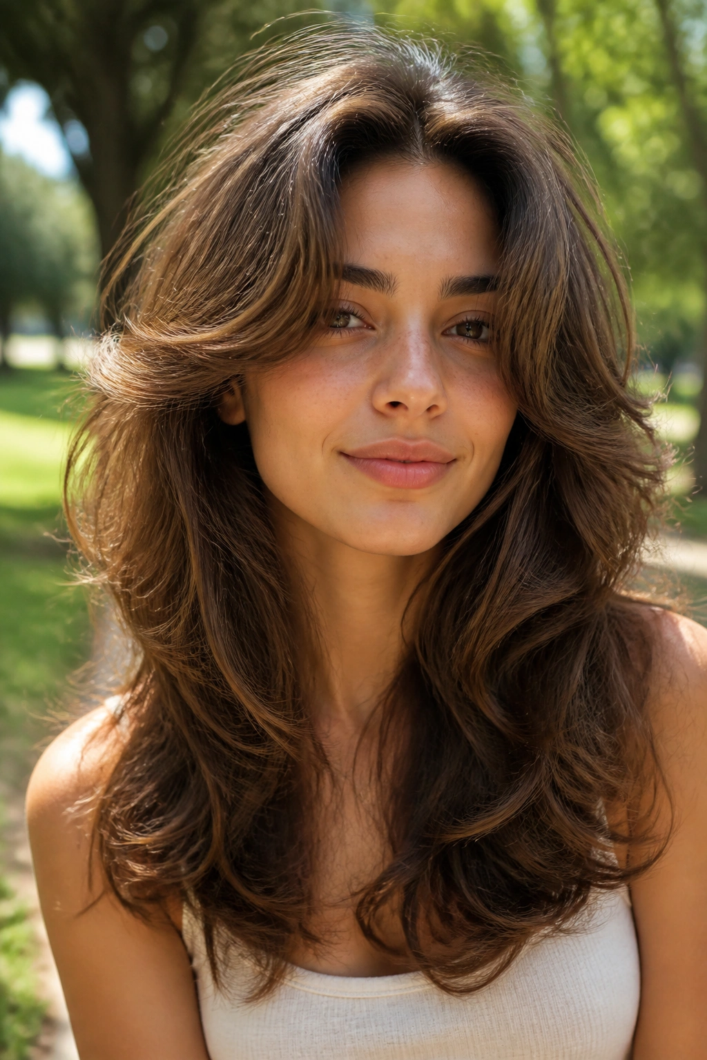 Portrait of a woman with butterfly cut and floating layers outdoors