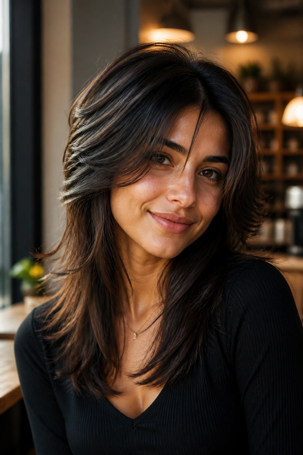 Real person with butterfly cut hairstyle featuring short interior layers and longer bottom.