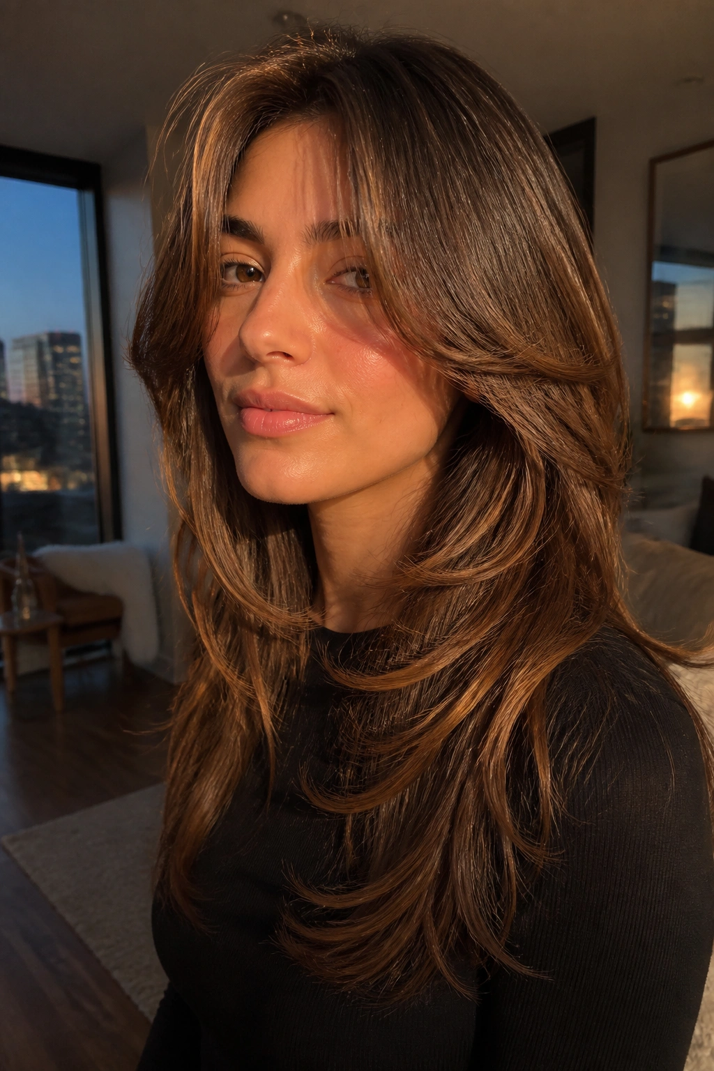 Portrait of a real woman with butterfly cut showing face-framing top layers over longer underneath