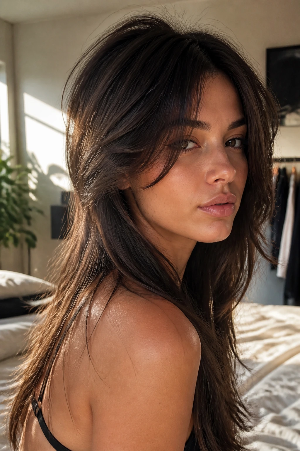 Close-up portrait of a real woman with a butterfly cut showing short front layers and a long back section.
