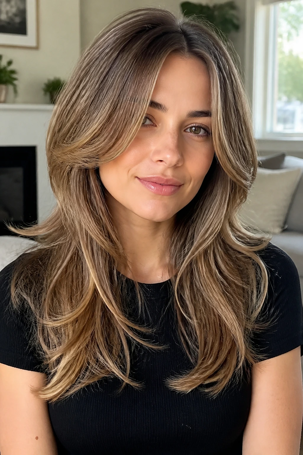 Close-up portrait of a real person with a butterfly cut featuring cheekbone-face-framing layers and flowing length