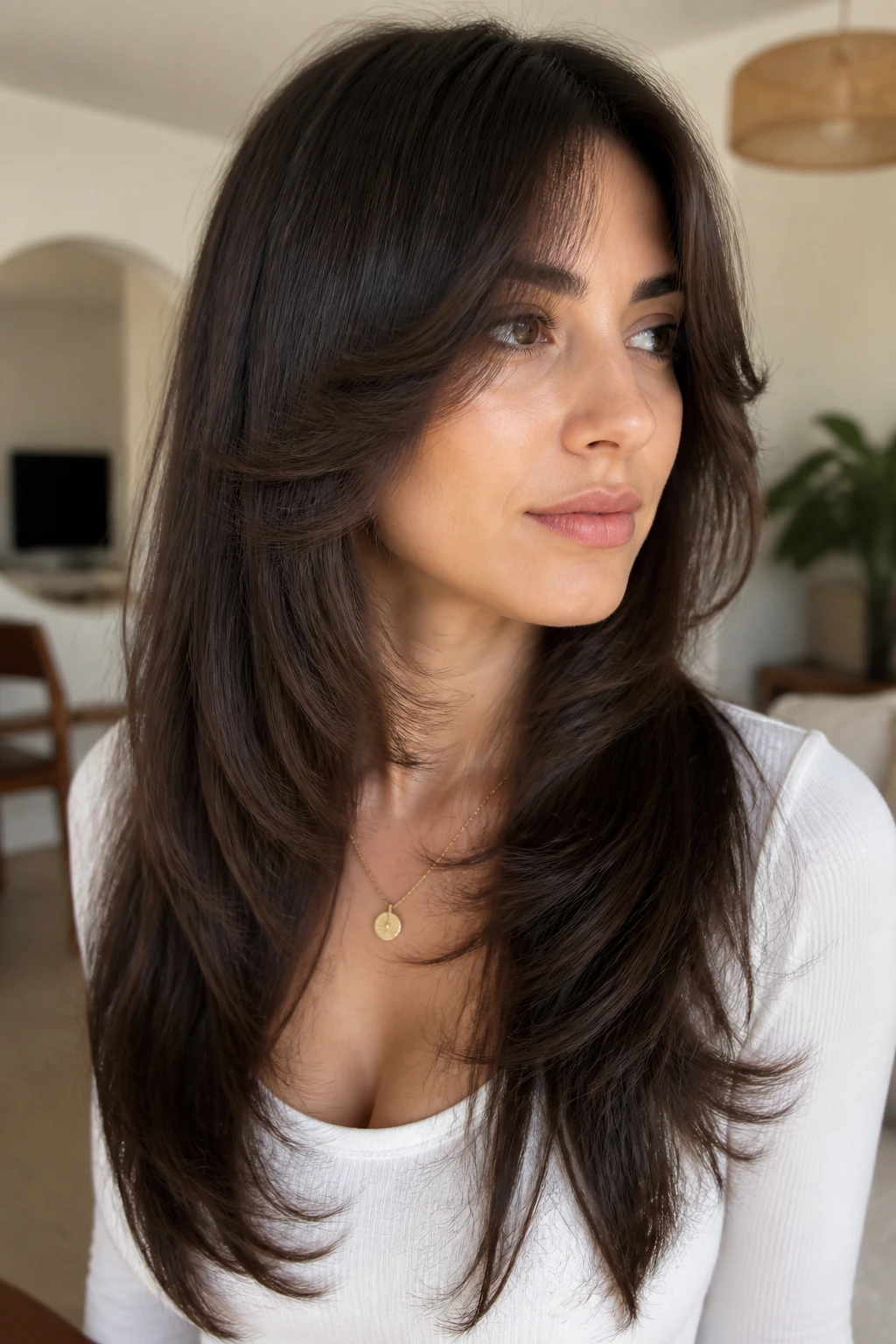 Portrait of a woman with a butterfly cut showing face-framing movement.