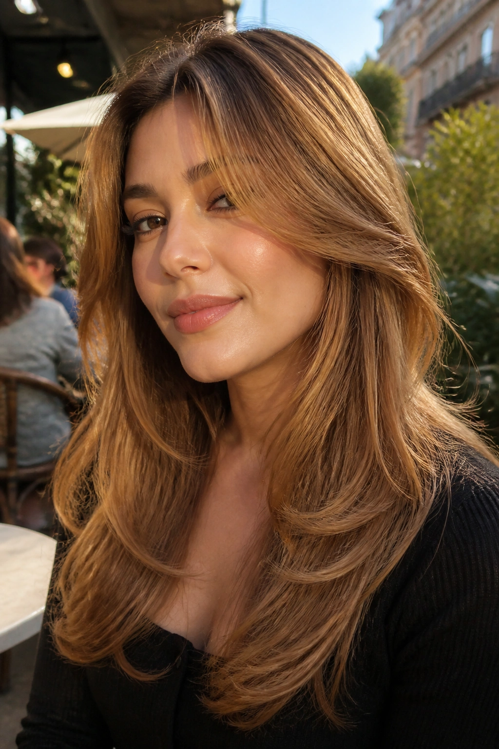 Real woman with butterfly cut in warm honey tones, shorter front layers at cheekbone and longer back layers