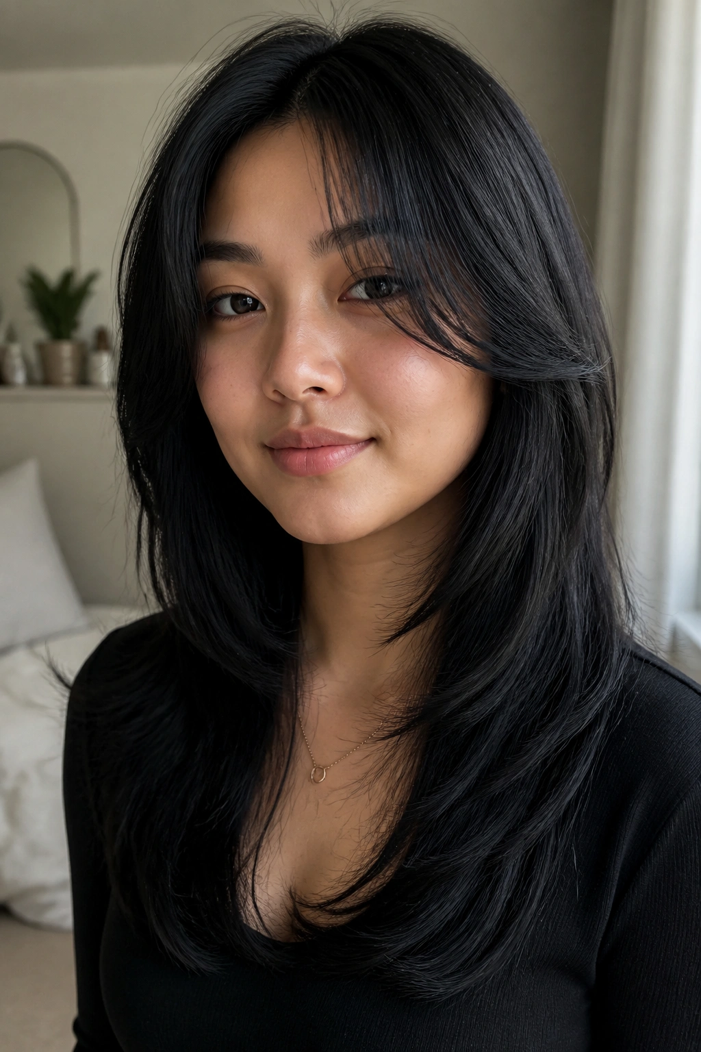 Close-up of a real woman with a jet-black butterfly cut and airy face framing