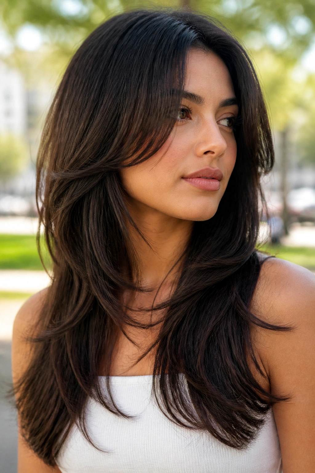 Close-up of a real woman with butterfly cut and layered framing around the face.