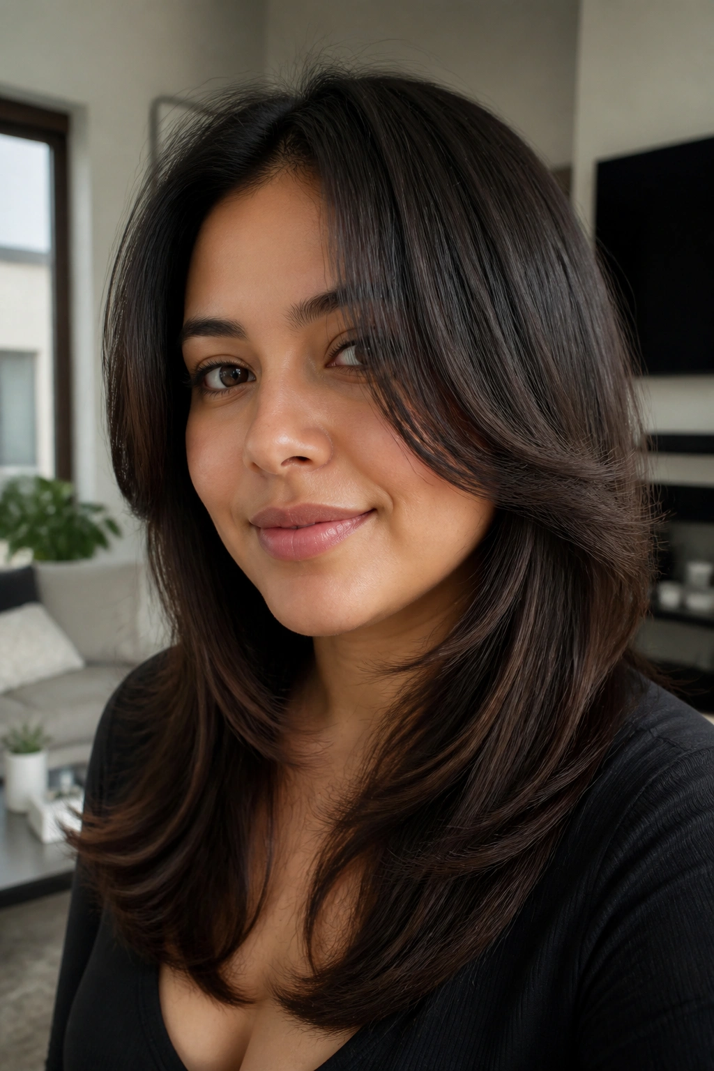 Close-up of a real person with butterfly cut and face-framing layers around the cheeks.