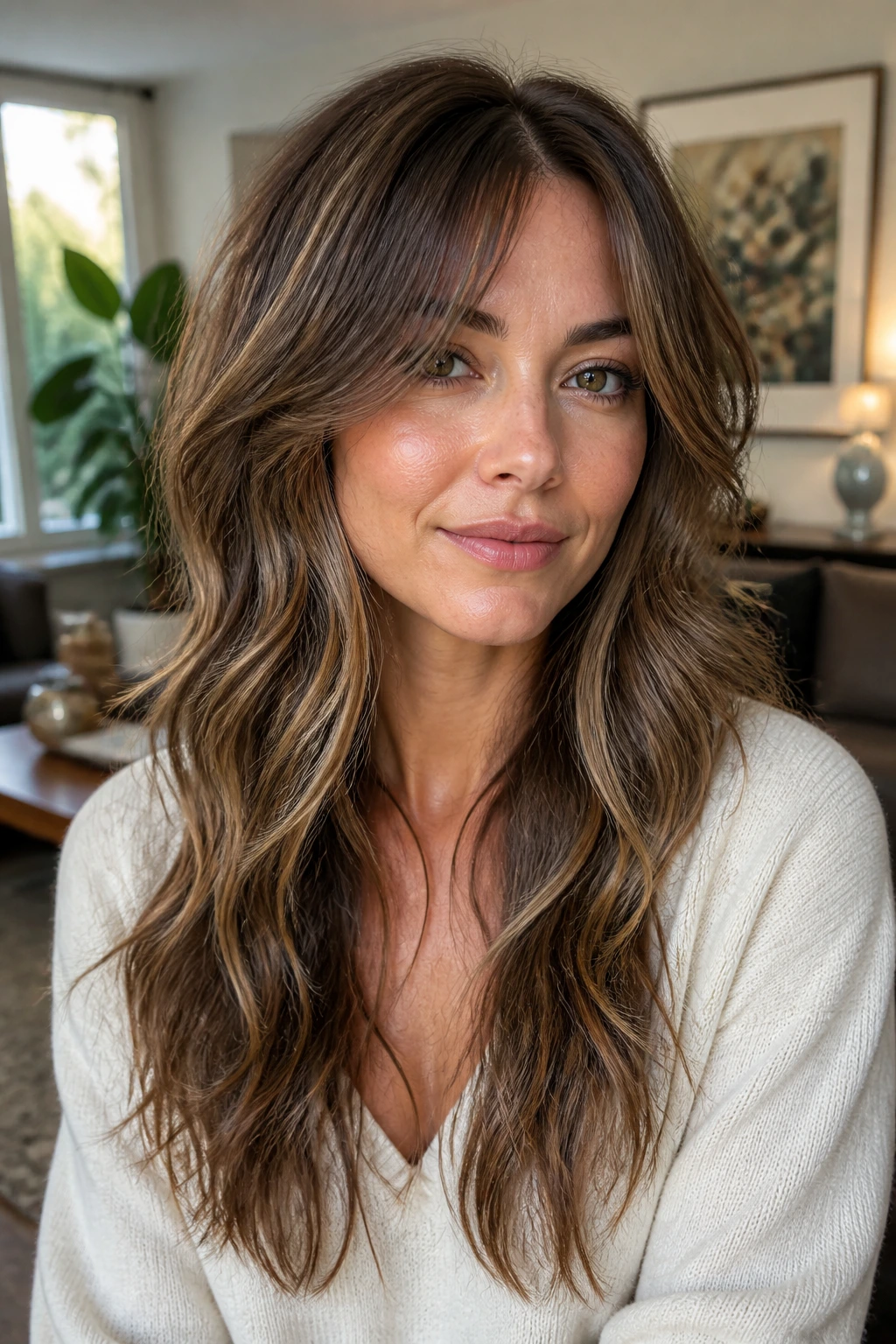 Close-up of a real woman with a butterfly cut showing crown lift and longer bottom layers in daylight