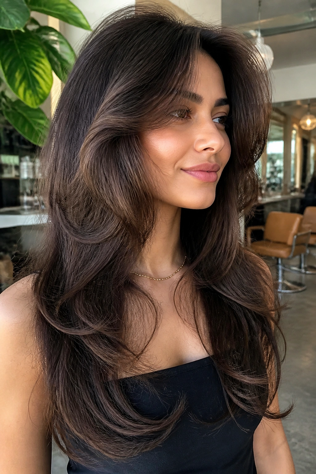 Portrait of a real woman with butterfly cut and lifted top layers.