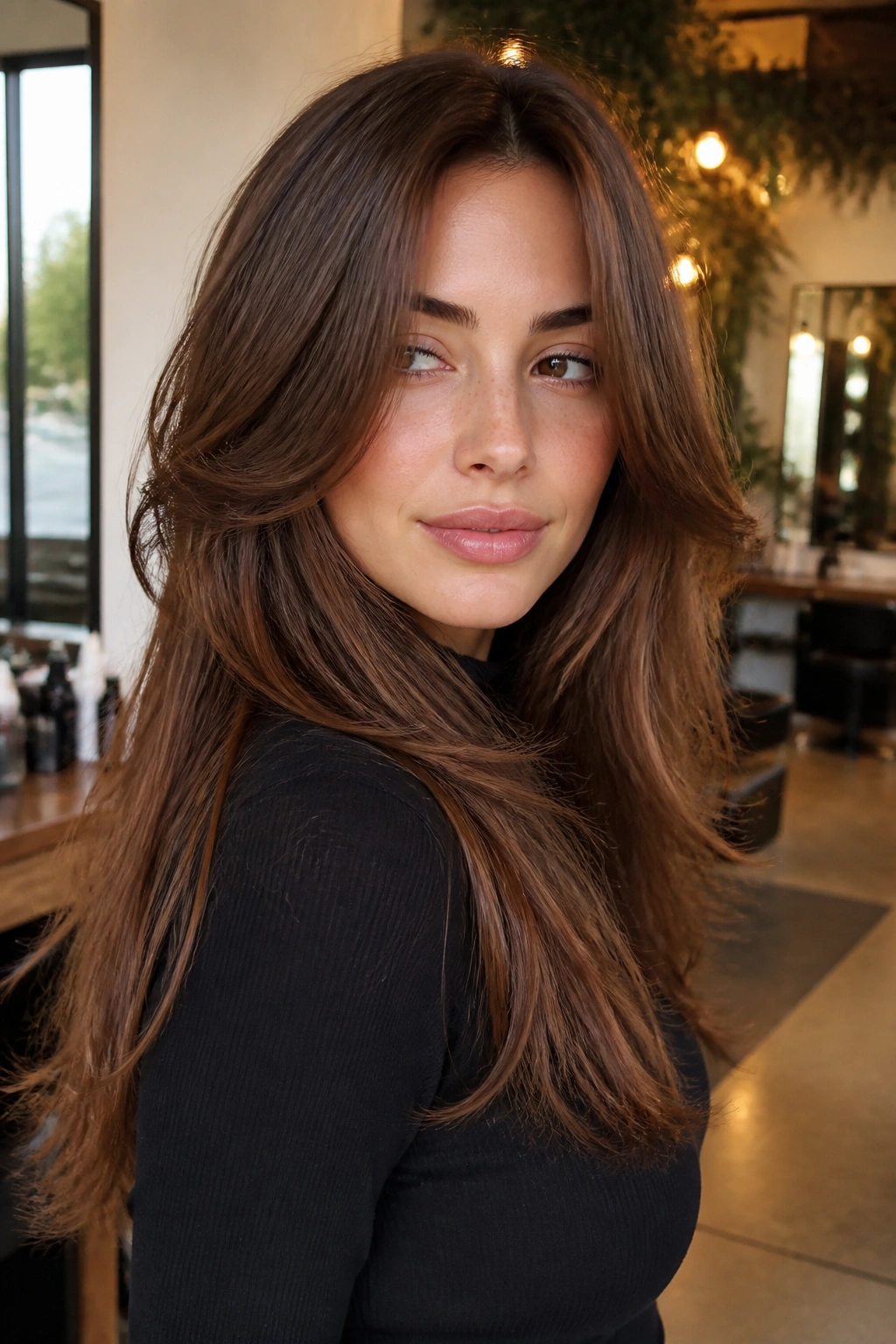 Close-up portrait of a real woman with butterfly cut on long brown hair