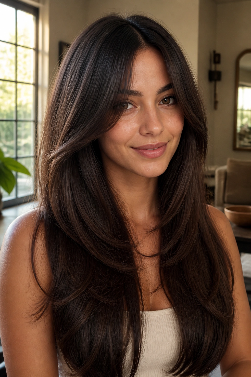 Portrait of a real woman with butterfly cut long straight hair showing shorter top layers and longer bottom layers
