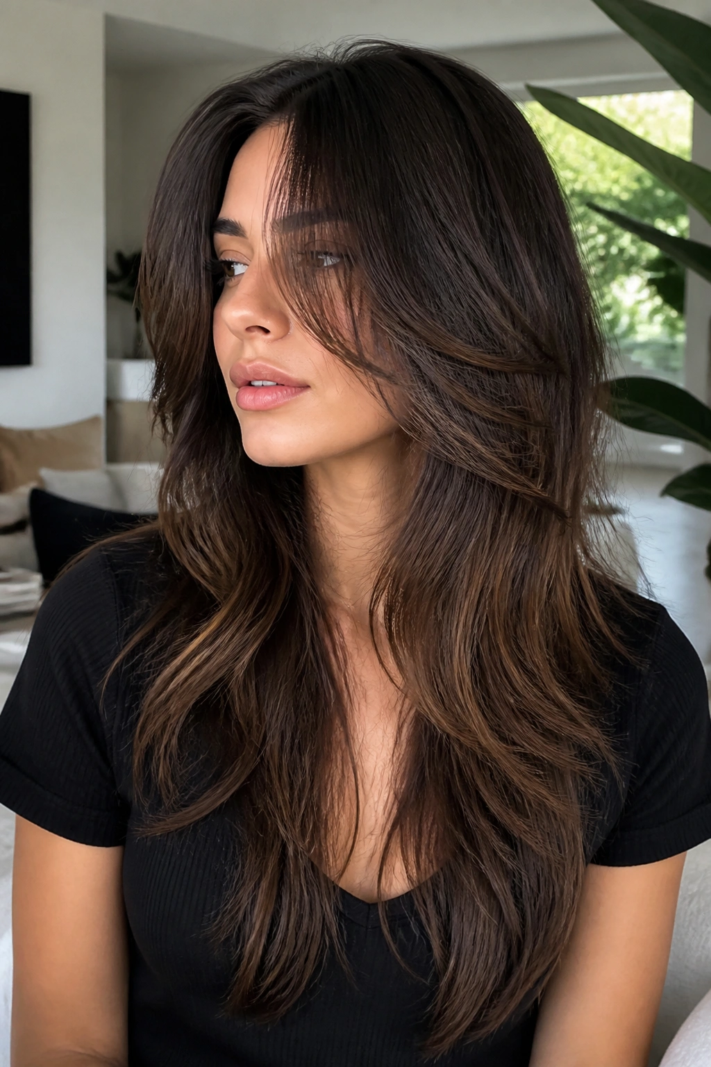 Medium close-up of a real person with the butterfly cut long lengths showing layered front pieces.