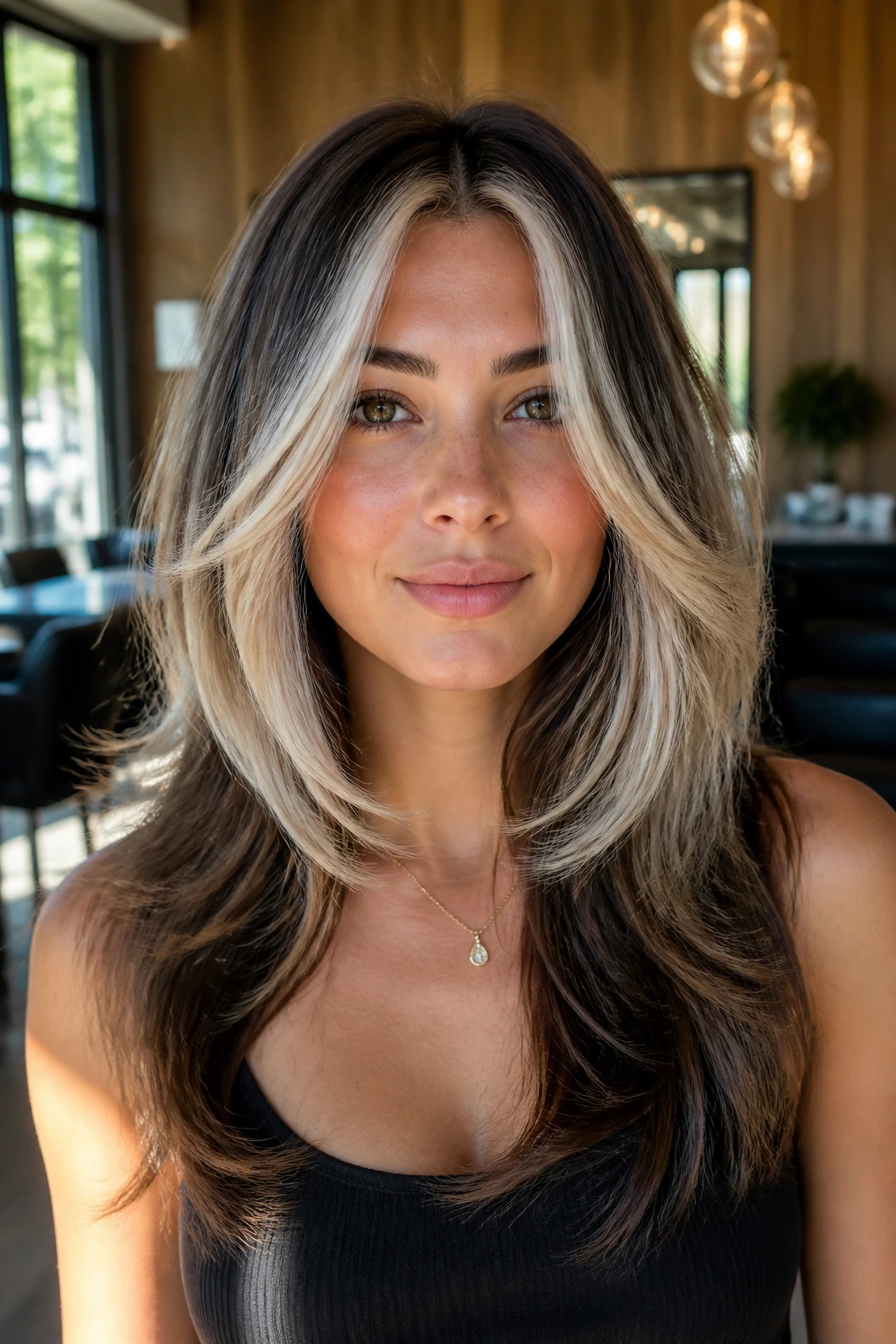 Woman with butterfly cut and platinum face-framing layers in a sunlit salon