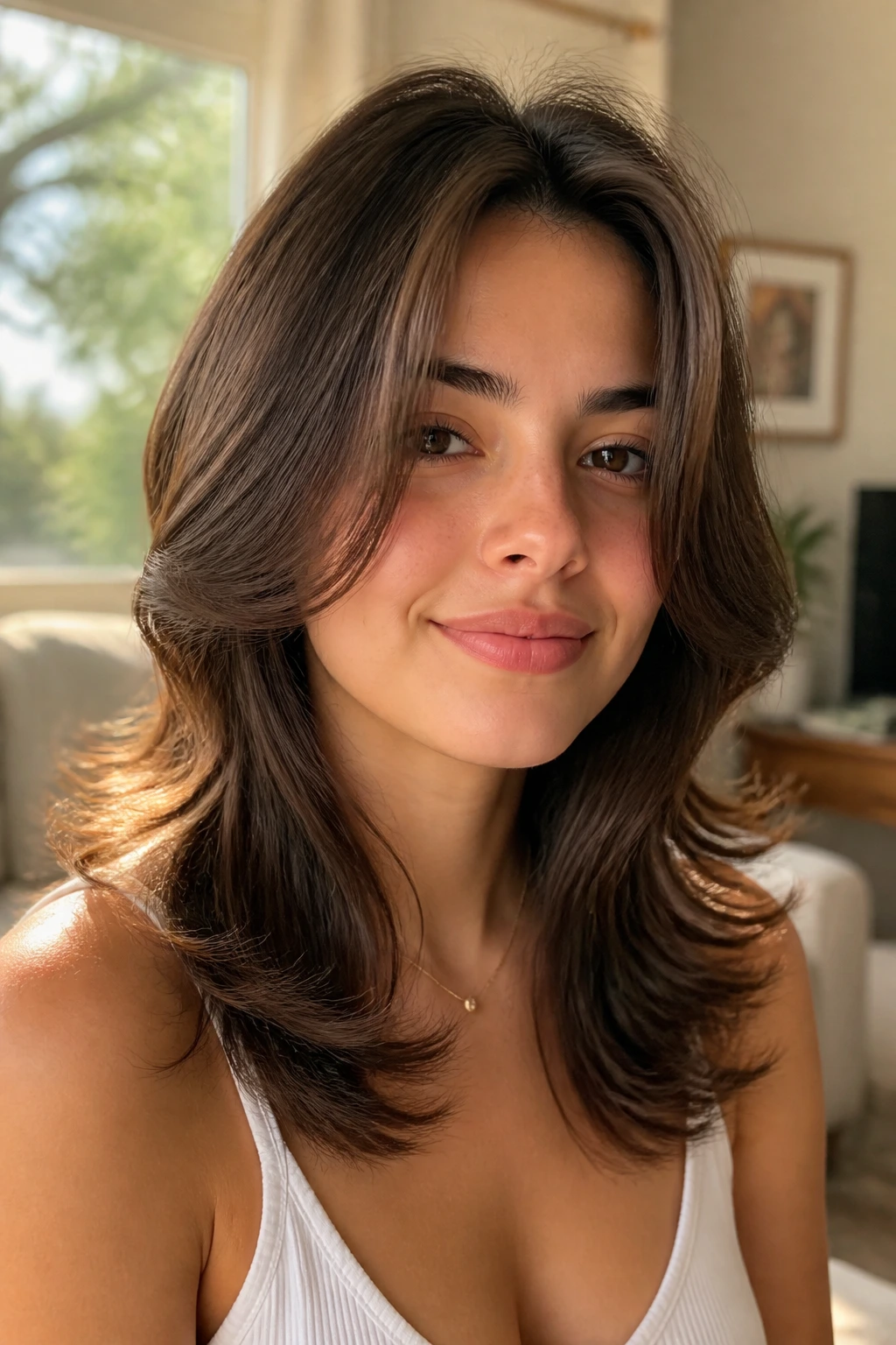 Close-up of a real woman with The Butterfly Cut featuring face-framing layers and flicked ends.