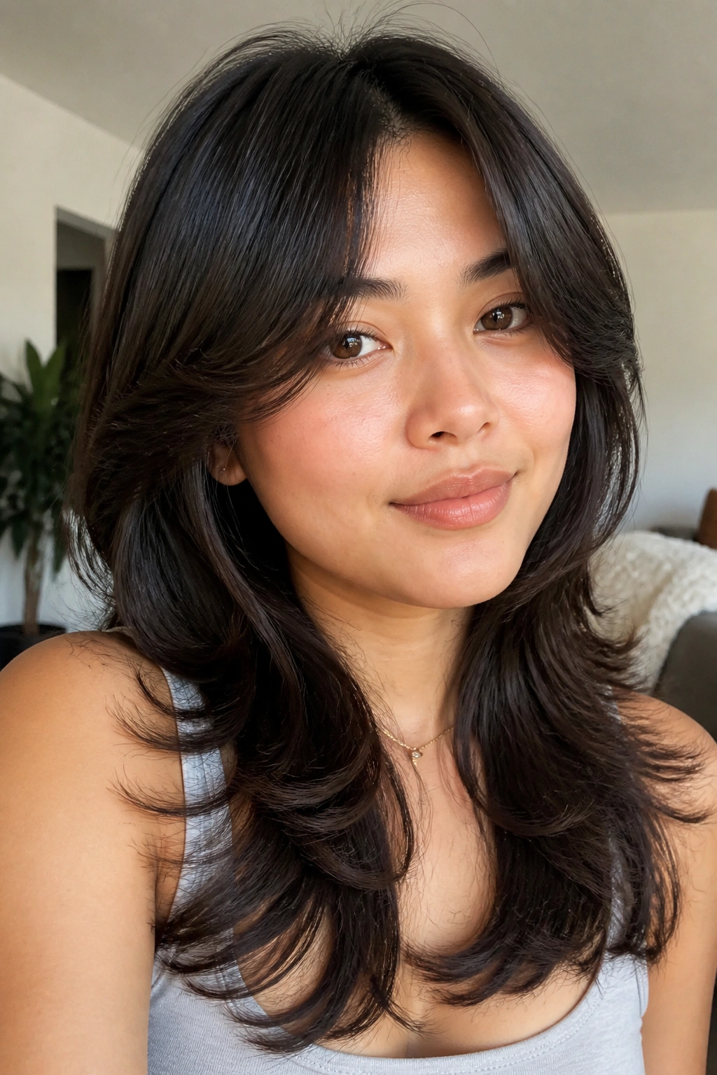 Close-up portrait of a real woman showcasing a butterfly cut with lifted front layers