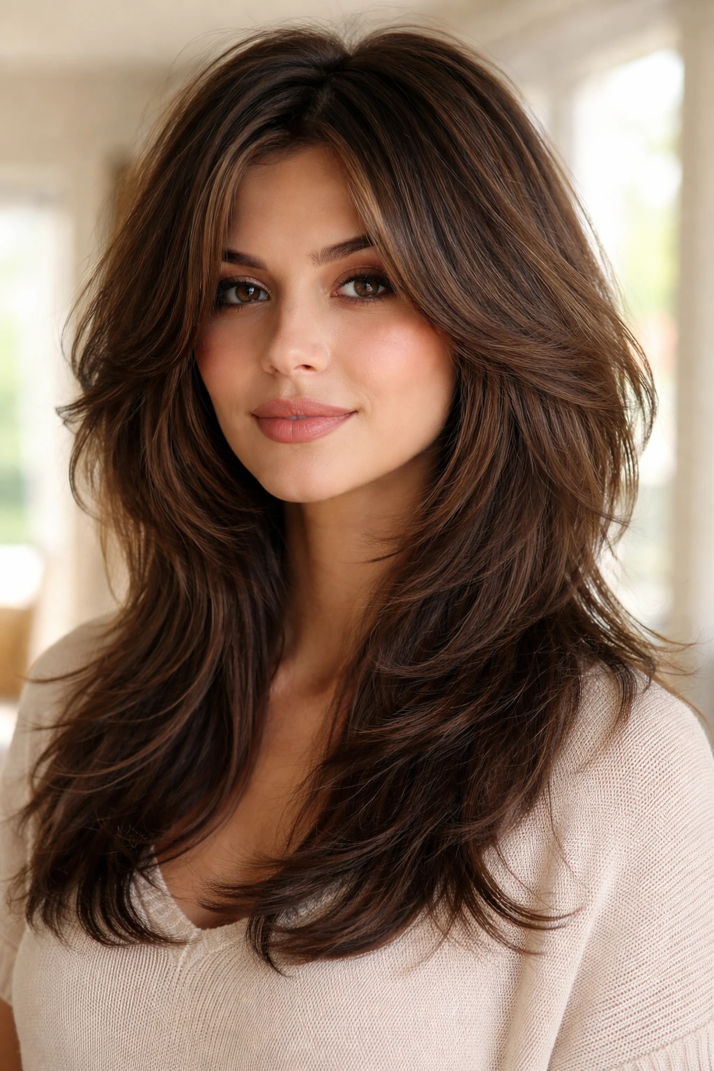 Close-up of butterfly cut hairstyle on a real woman with face-framing layers.