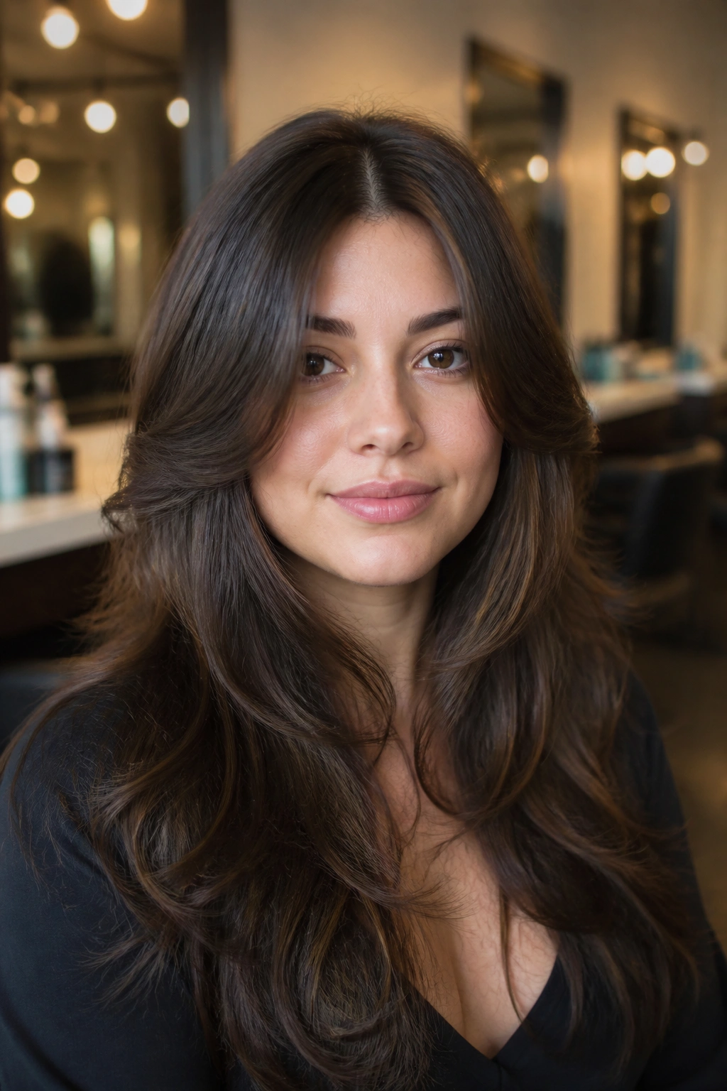Close-up portrait of a real woman with butterfly-cut layers around cheeks and long back hair