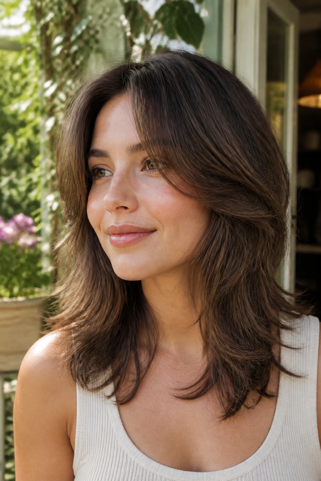 Close-up of a real woman with a soft butterfly cut at shoulder length