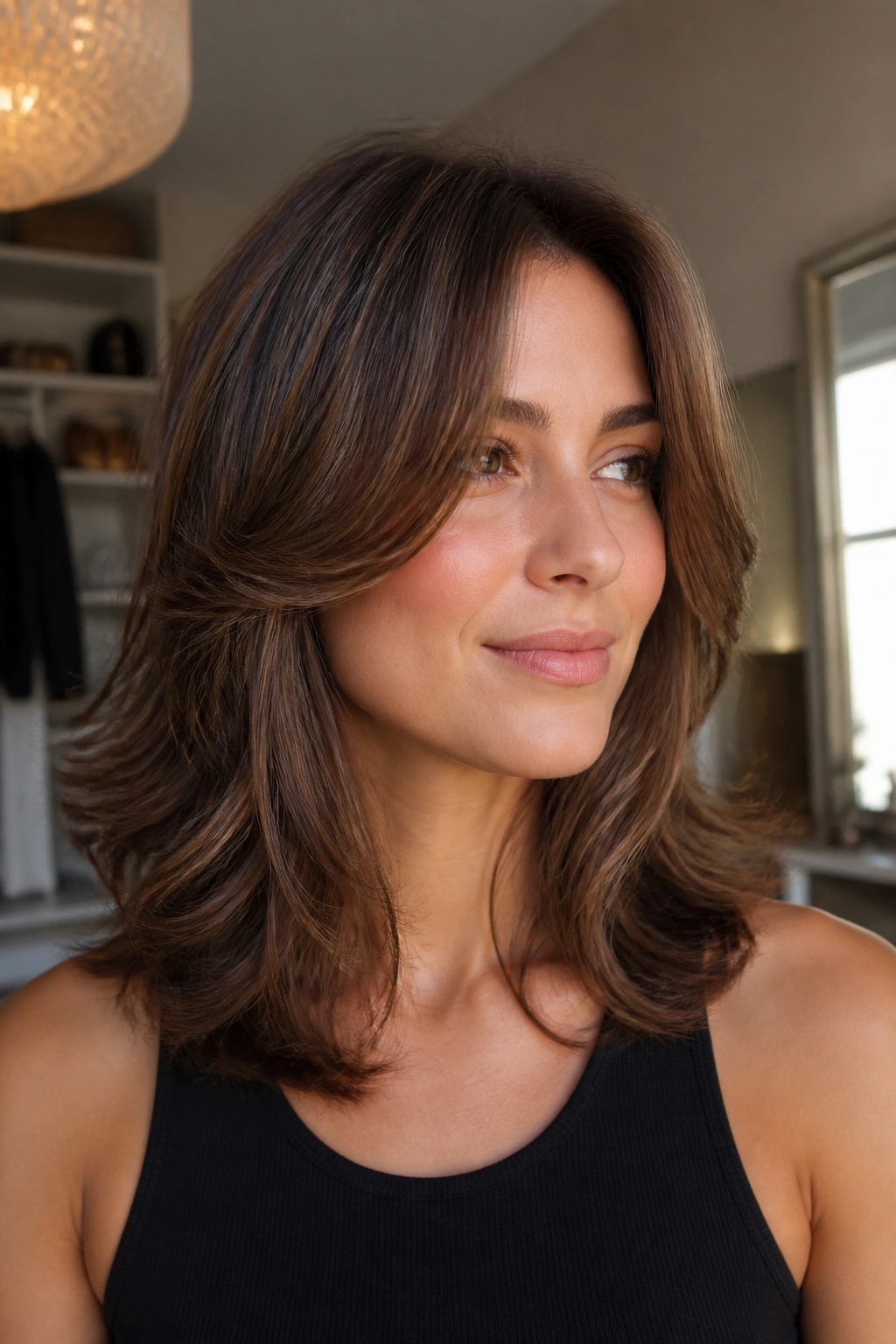Real woman with butterfly cut hairstyle showing crown lift and shoulder-to-collarbone length