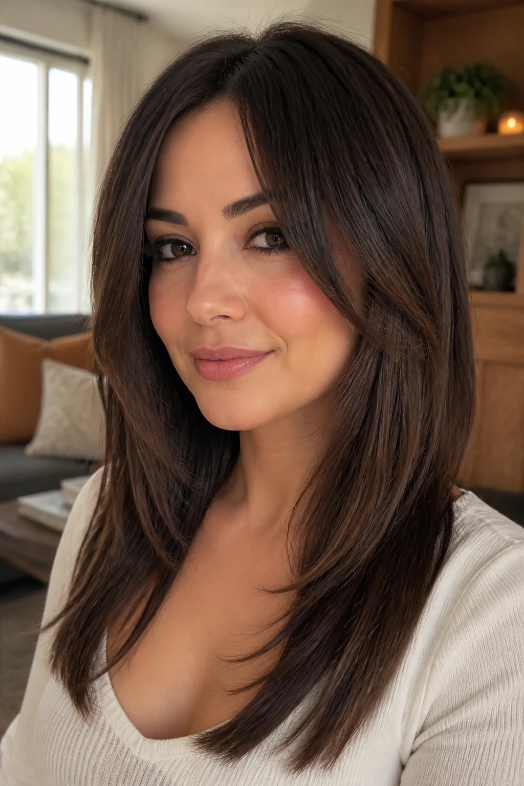 Close-up portrait of a real woman with a butterfly-inspired straight cut featuring longer back and shorter front layers.