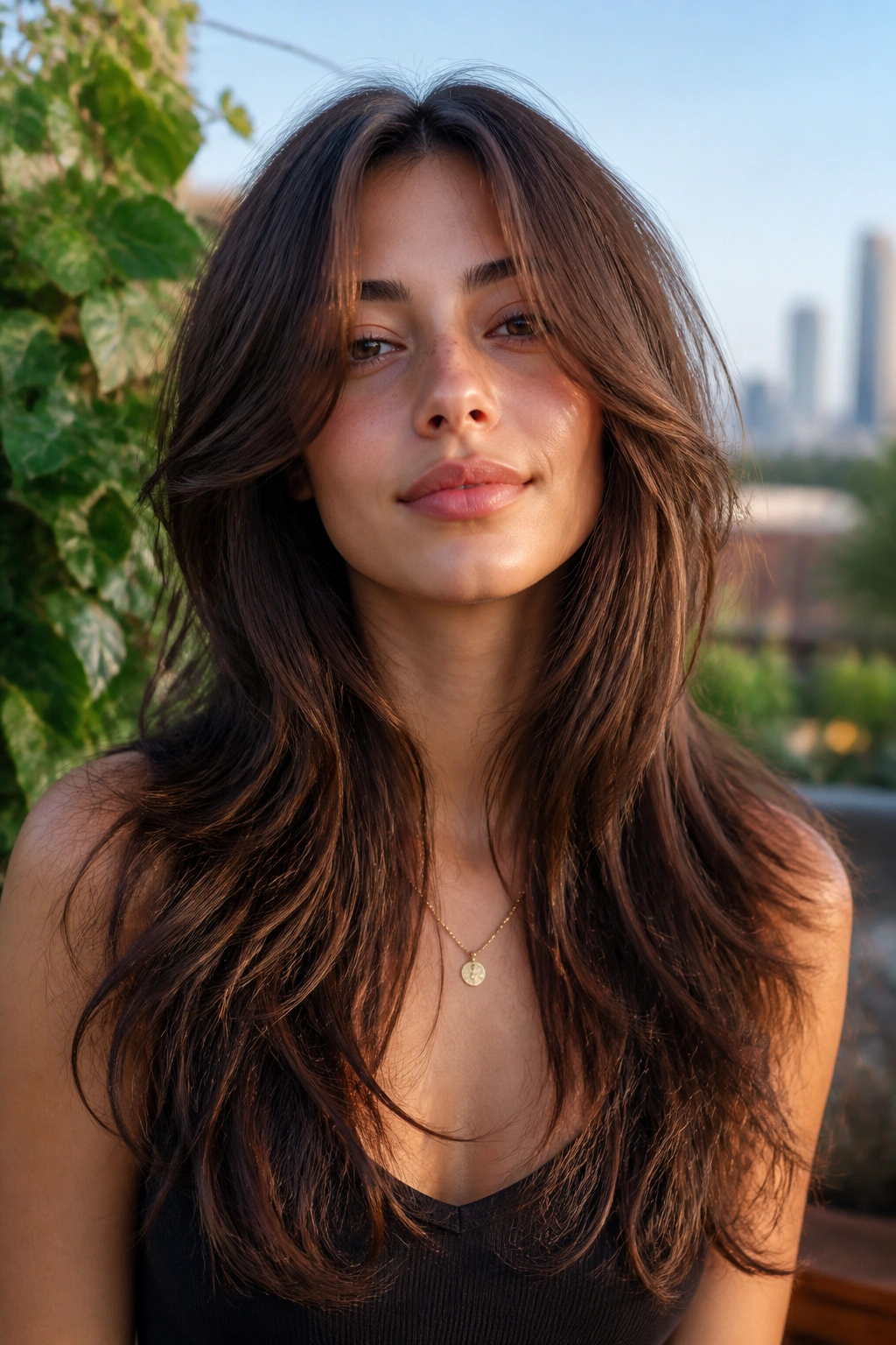 Close-up of a real woman with a butterfly cut featuring shorter front layers