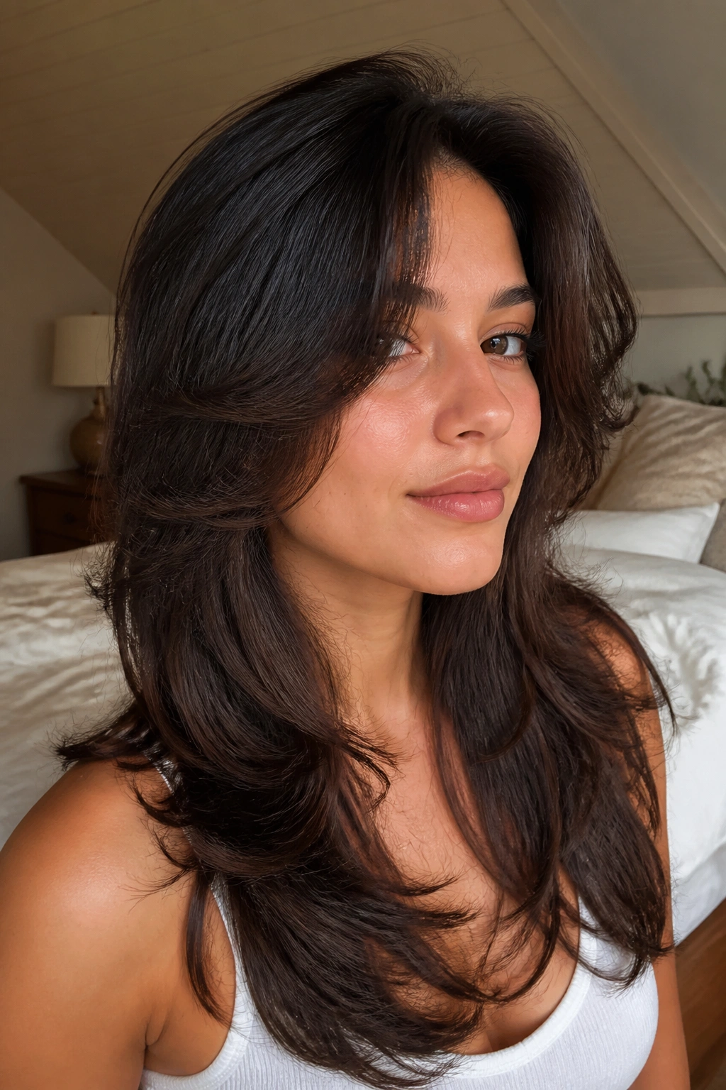 Close-up of a real woman with a butterfly cut showing face-framing top layers and longer bottom layers in soft waves.
