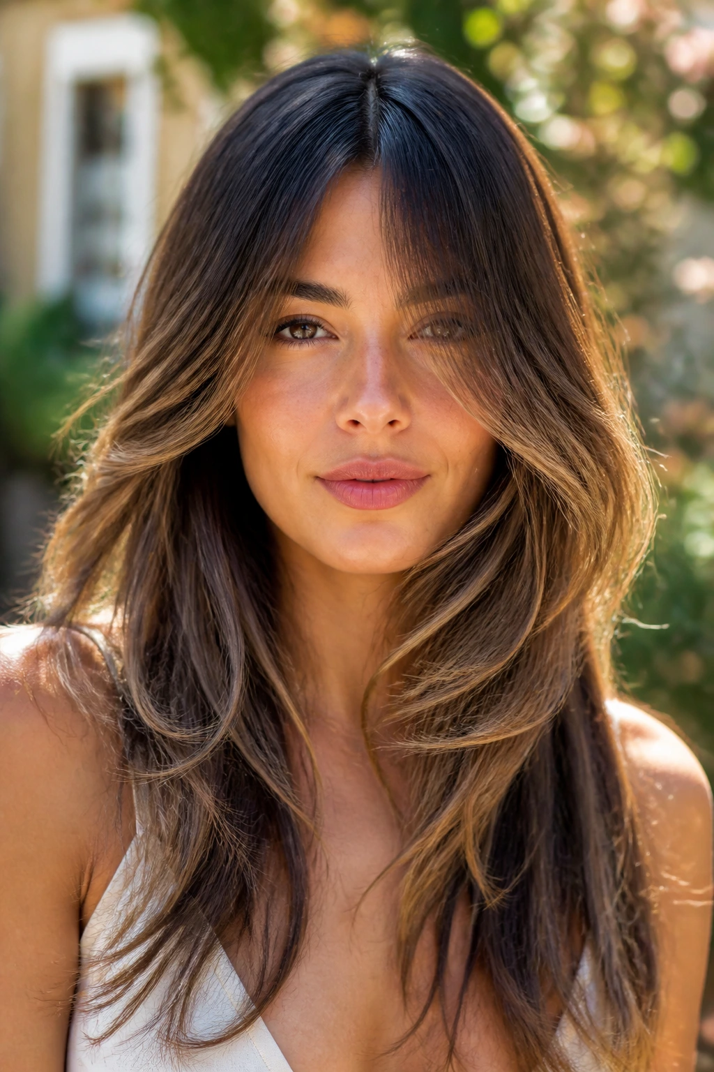 Real woman with butterfly fringe showing long wispy layers around face