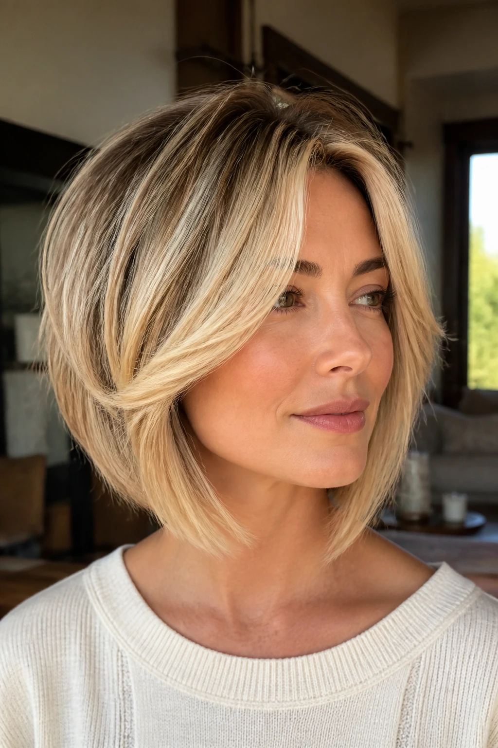 Close-up of a woman with butterfly-inspired bob face-framing layers