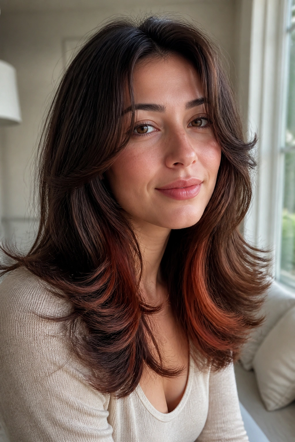Close-up portrait of a real woman with butterfly layers and auburn underlayers in natural window light.