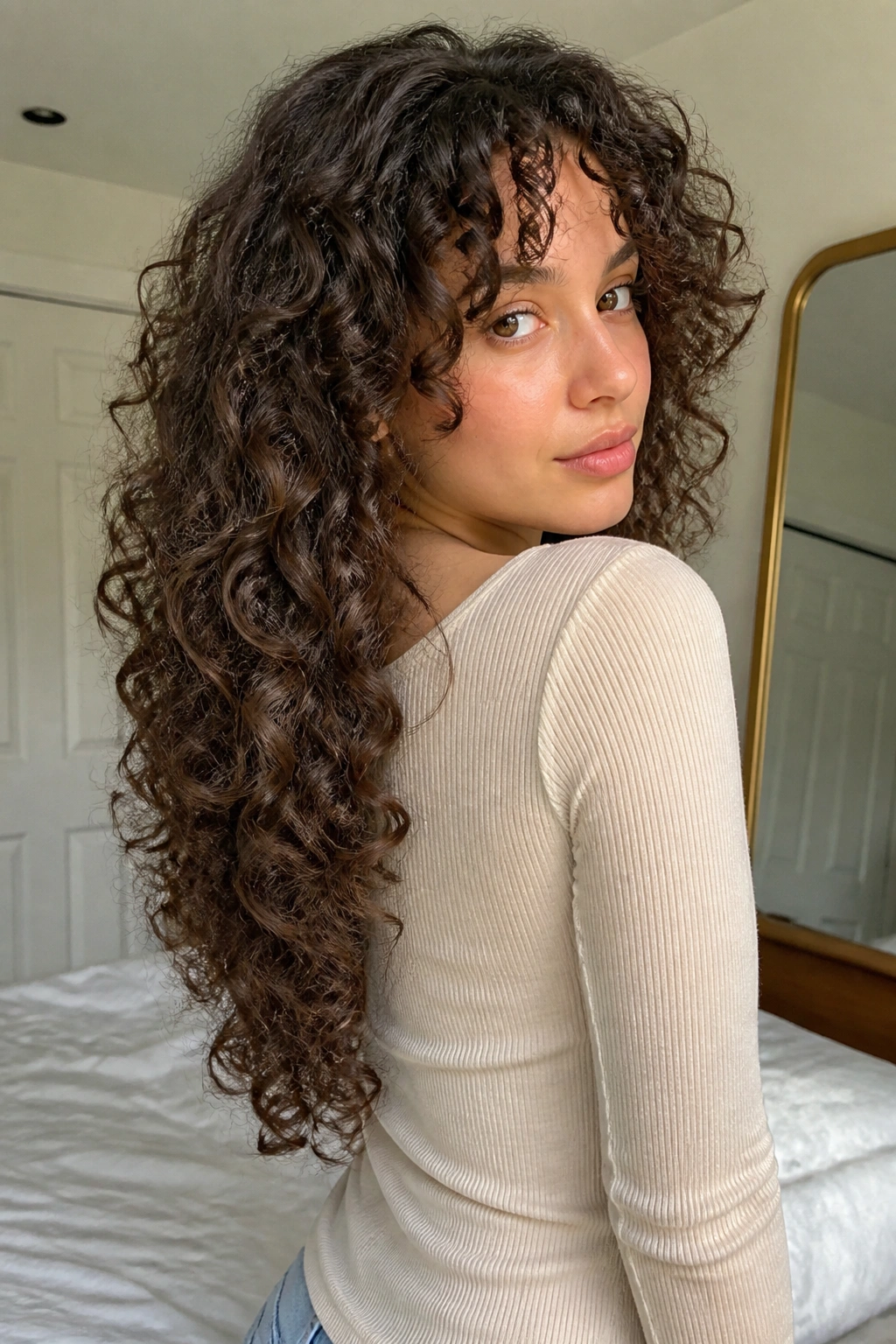Three-quarter portrait showing back-length curls with butterfly layers for front and back